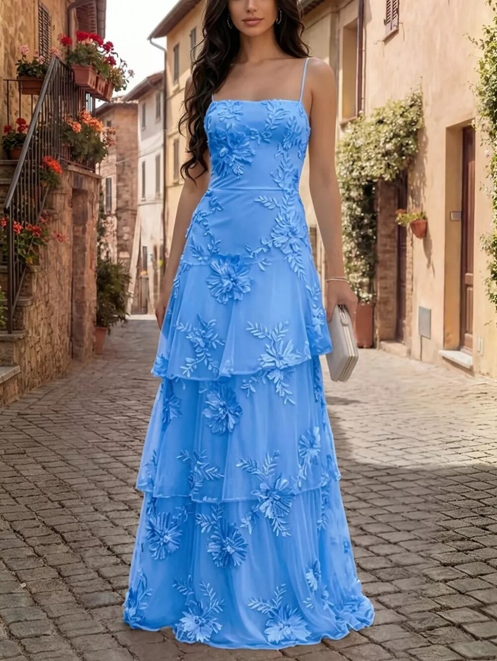 Floral Applique Tiered Maxi Dress with Lace Up Detail